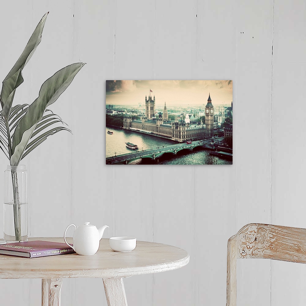 A farmhouse room featuring London, Big Ben, the Palace of Westminster in vintage, retro style. View from the London Eye
