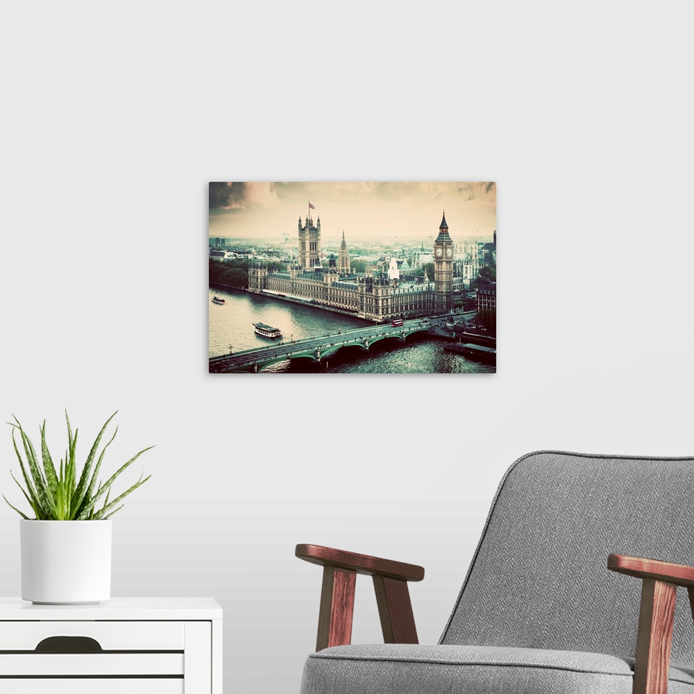 A modern room featuring London, Big Ben, the Palace of Westminster in vintage, retro style. View from the London Eye