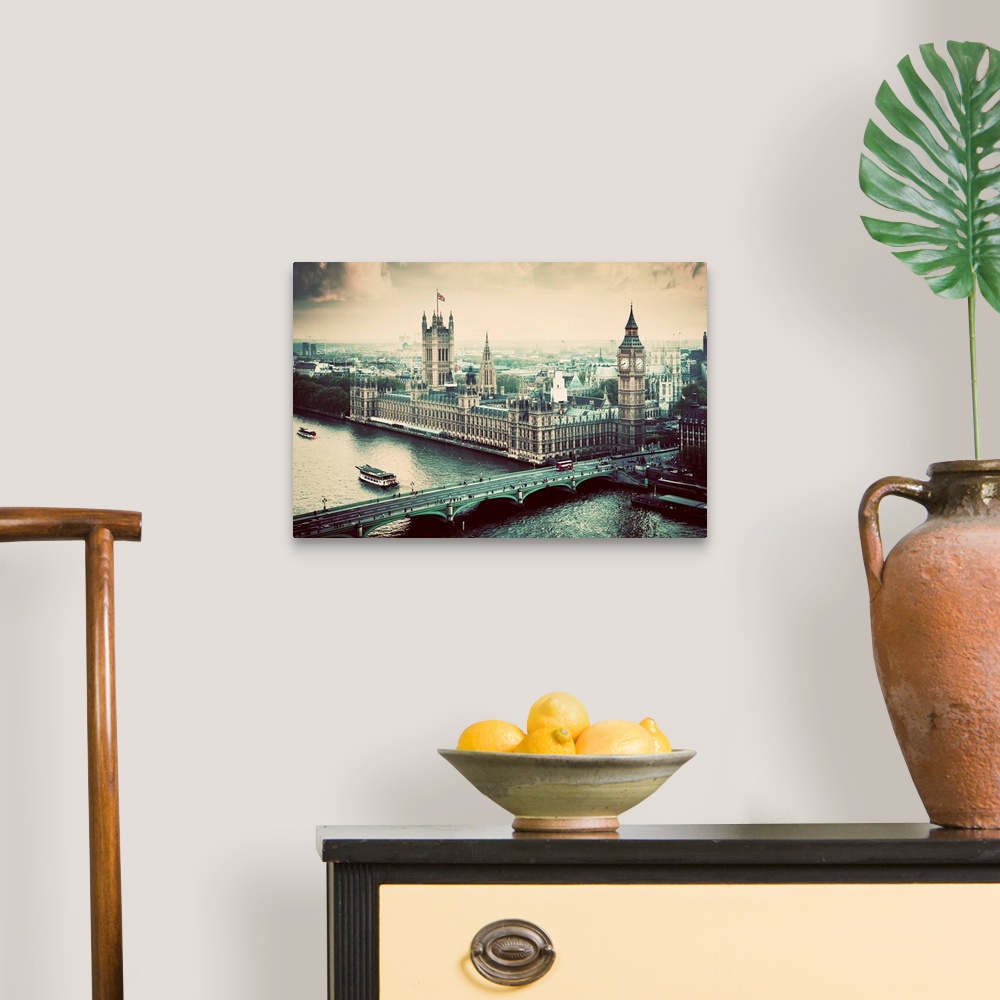 A traditional room featuring London, Big Ben, the Palace of Westminster in vintage, retro style. View from the London Eye