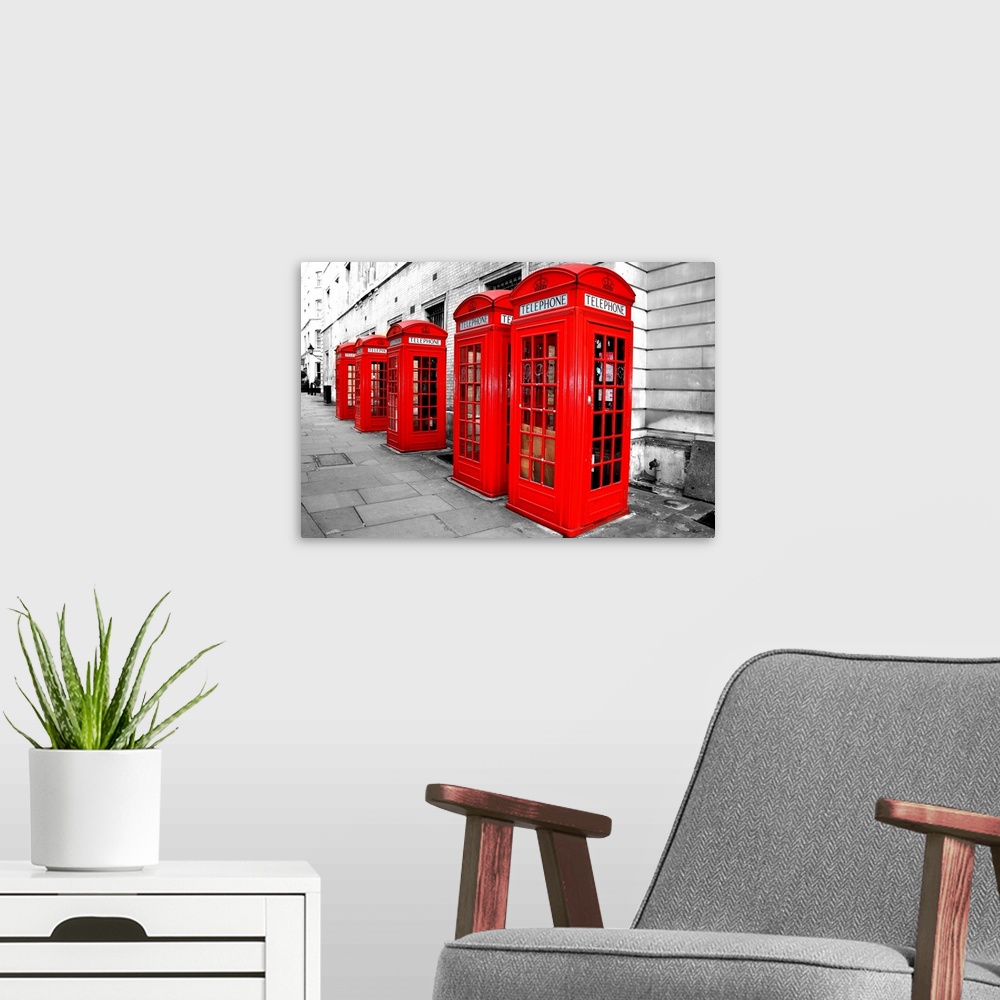 A modern room featuring London Telephone Boxes