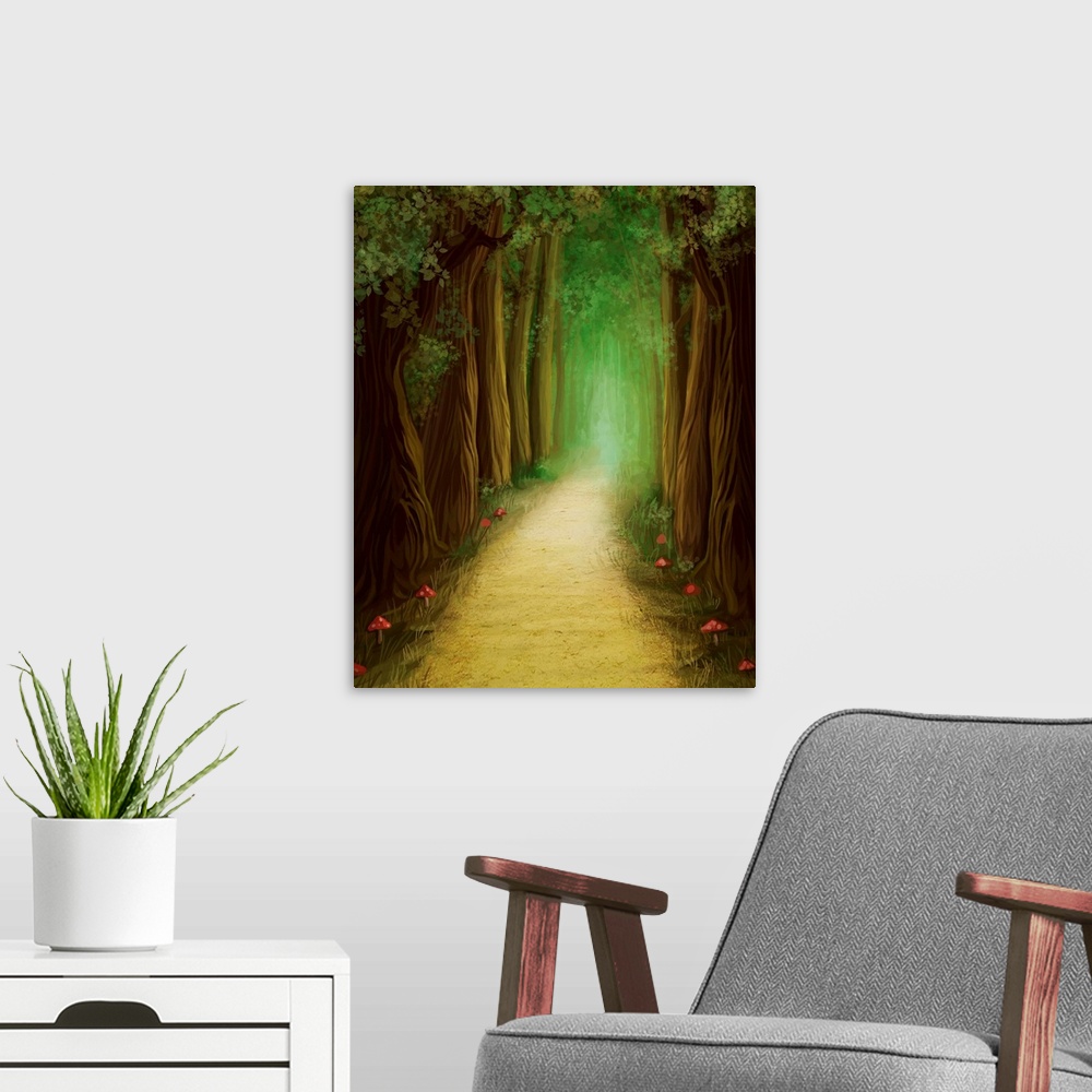 A modern room featuring Magic Dark Forest Road, Digital Painting