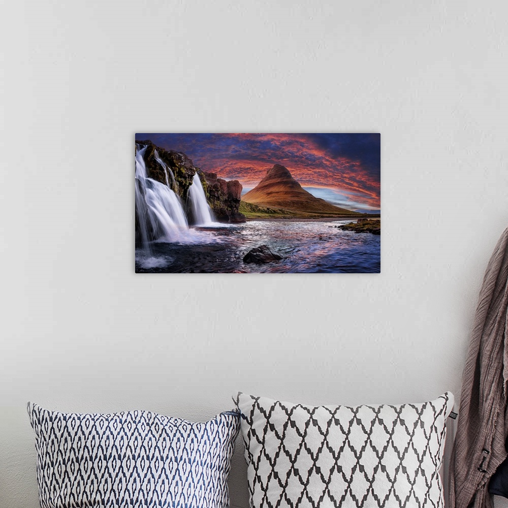 A bohemian room featuring Incredible nature landscape of Iceland. Fantastic picturesque sunset over Majestic Kirkjufell (Ch...
