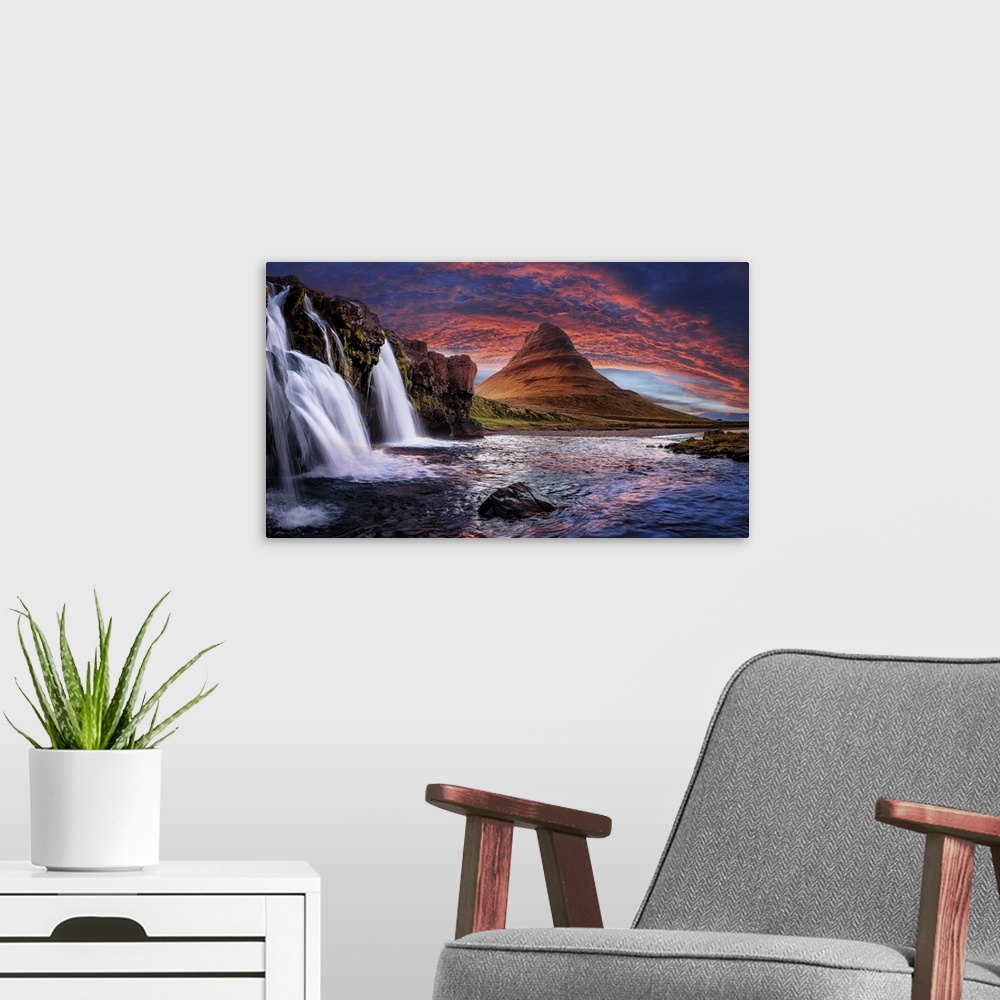 A modern room featuring Incredible nature landscape of Iceland. Fantastic picturesque sunset over Majestic Kirkjufell (Ch...