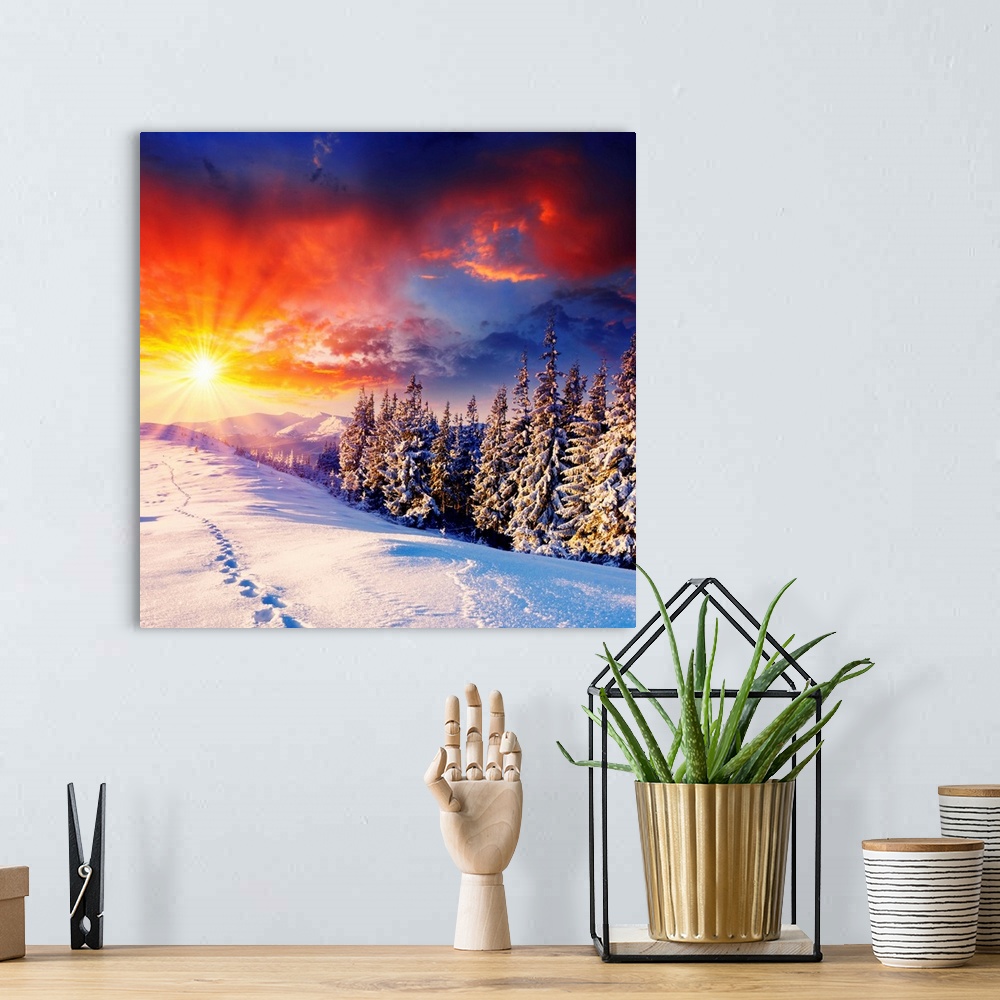 A bohemian room featuring majestic sunset in the winter mountains landscape. HDR image