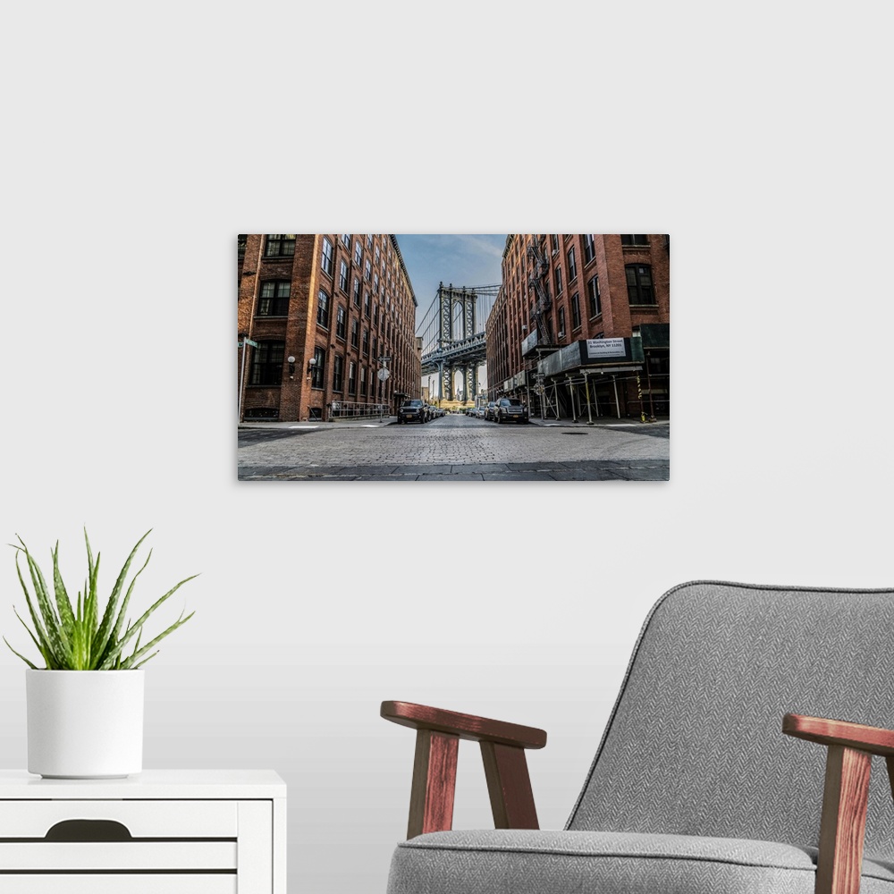 A modern room featuring Manhattan Bridge Through The Eyes Of Brooklyn