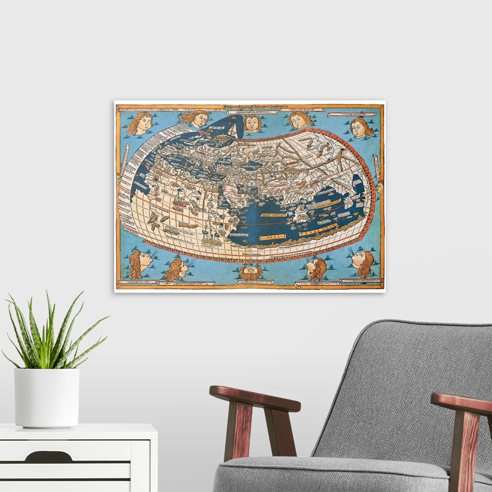 A modern room featuring Map of the world (in those days known), after Claudius Ptolemy's work (Egyptian Roman, mathematician