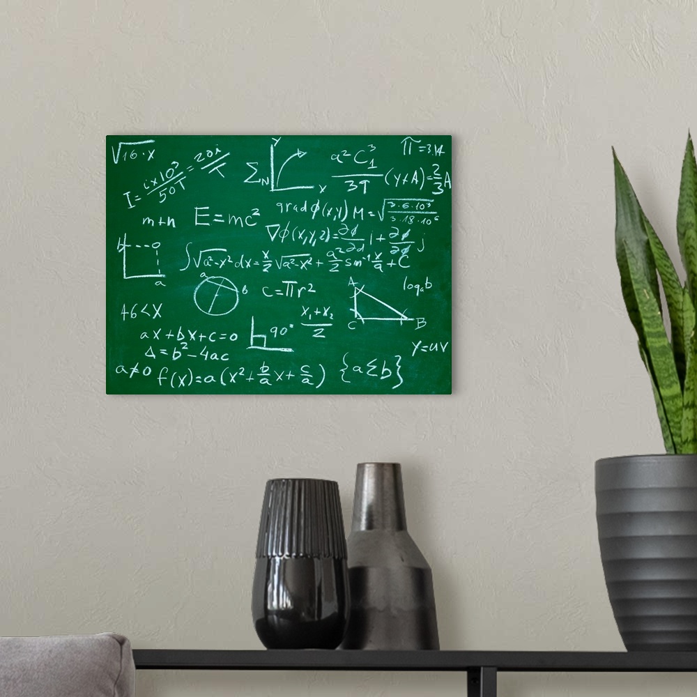 A modern room featuring Math Formulas On School Blackboard Education