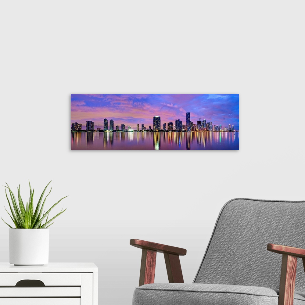 A modern room featuring Miami, Florida skyline at Biscayne Bay.