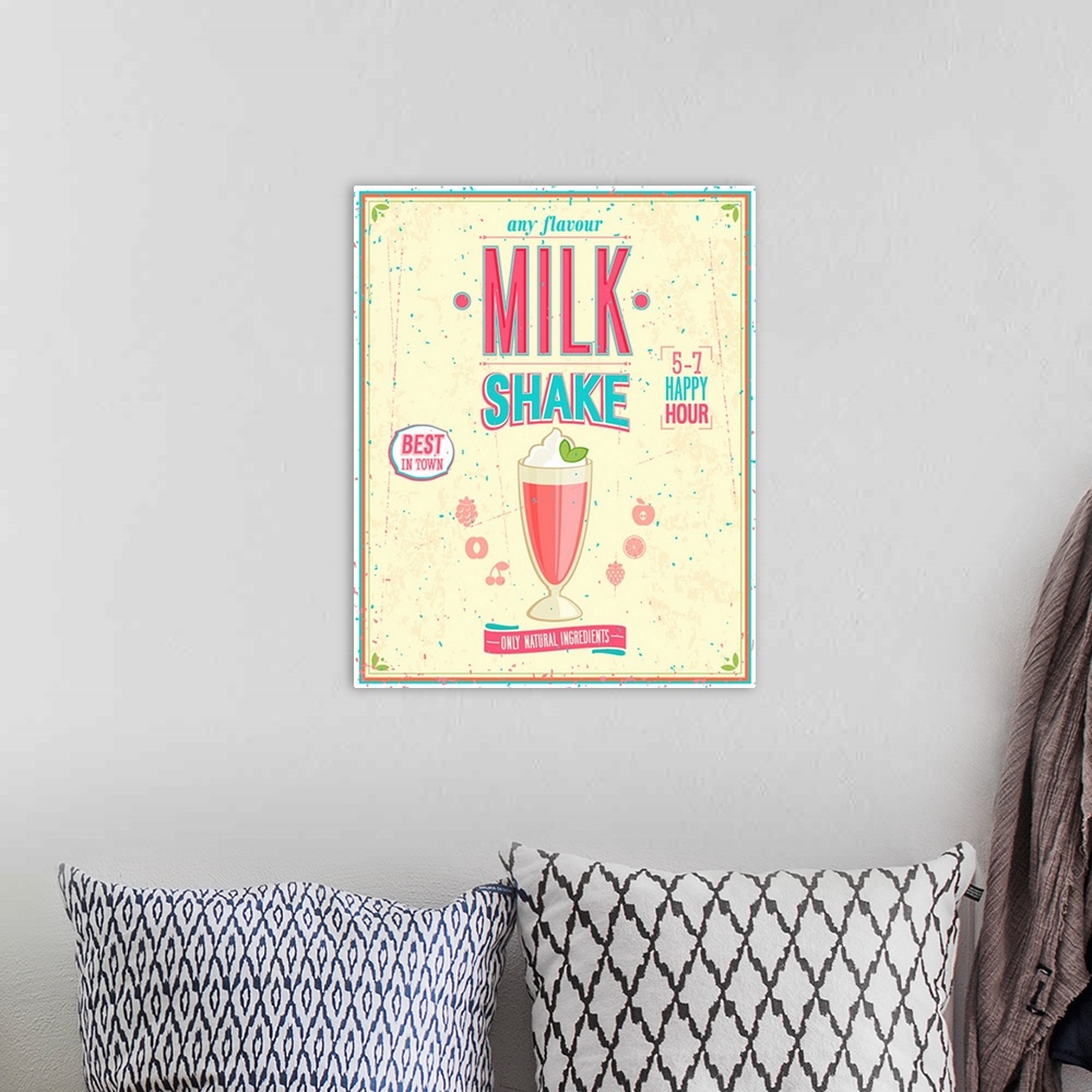 A bohemian room featuring Vintage MilkShake Poster. Vector illustration.