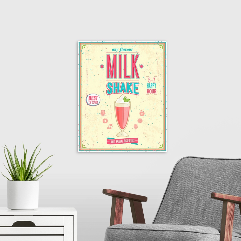 A modern room featuring Vintage MilkShake Poster. Vector illustration.
