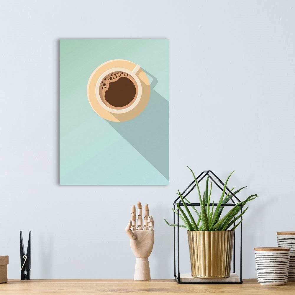 A bohemian room featuring Minimal design poster. Cup of coffee on a light background. Top view.