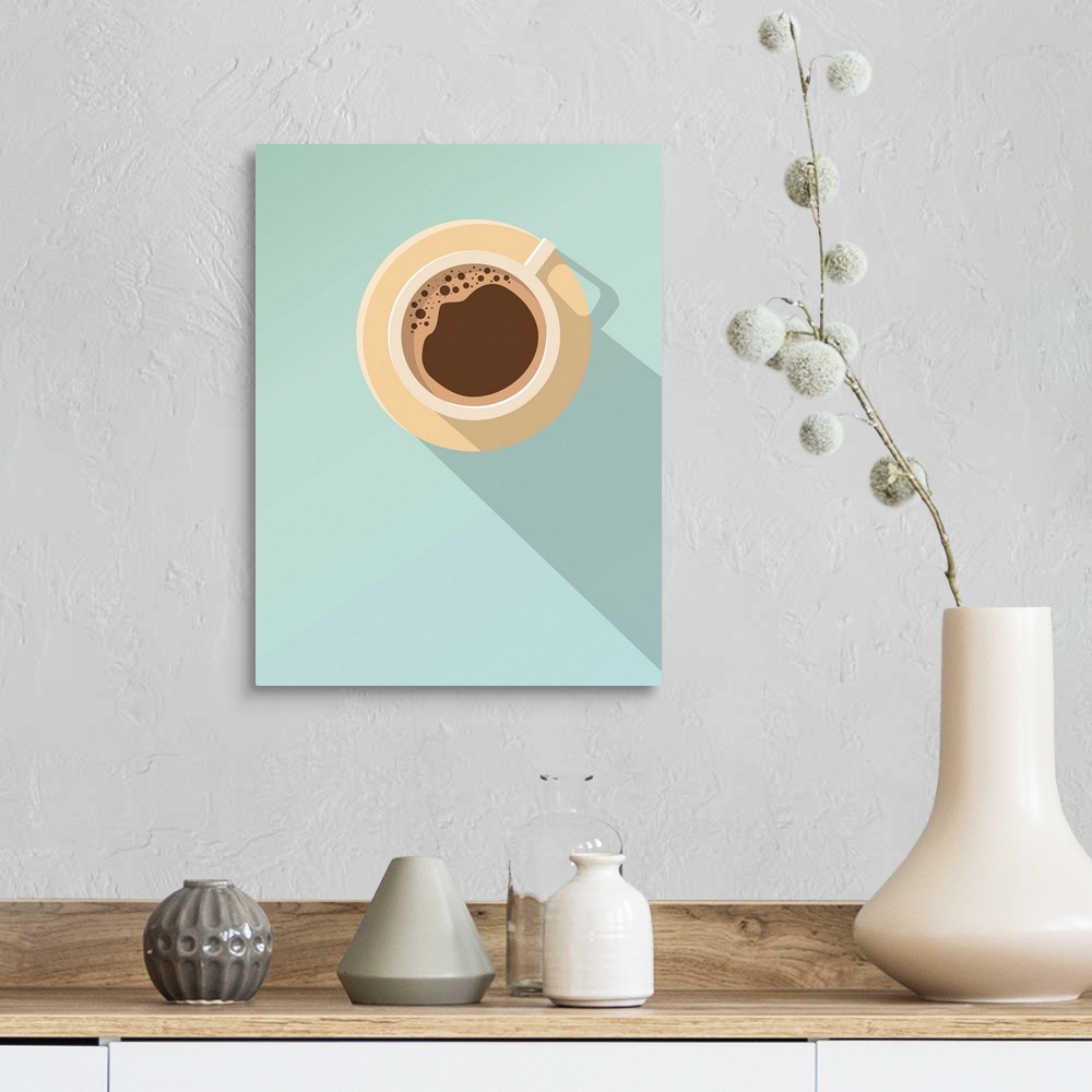 A farmhouse room featuring Minimal design poster. Cup of coffee on a light background. Top view.