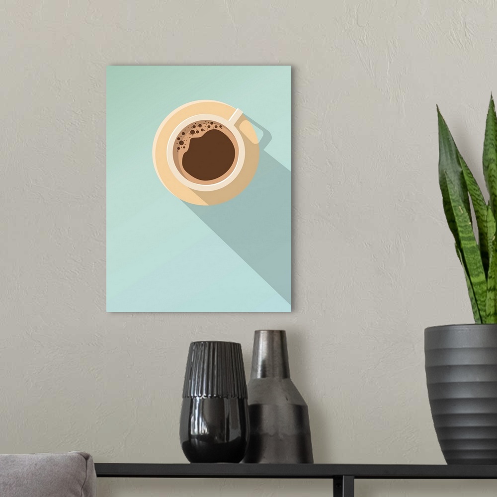 A modern room featuring Minimal design poster. Cup of coffee on a light background. Top view.