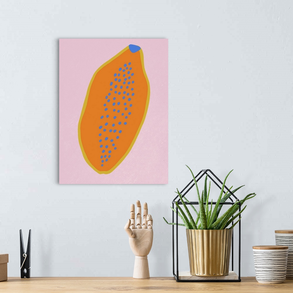 A bohemian room featuring Colorful illustration of a half of a papaya in an abstract, minimalist style.