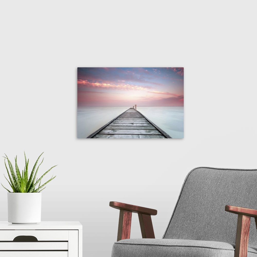 A modern room featuring Long exposure shot of a minimalistic landscape with old jetty.