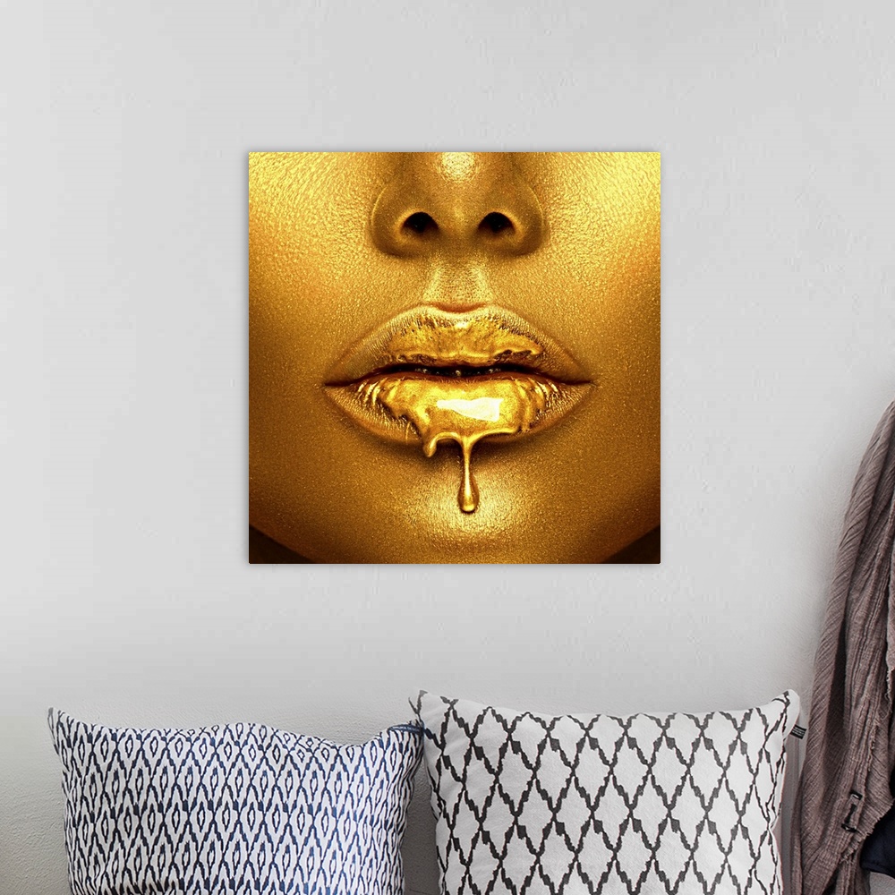 A bohemian room featuring Model With Gold Paint Dripping From Her Lips