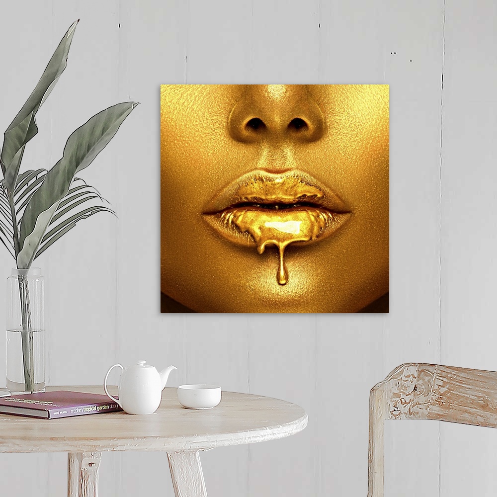 A farmhouse room featuring Model With Gold Paint Dripping From Her Lips