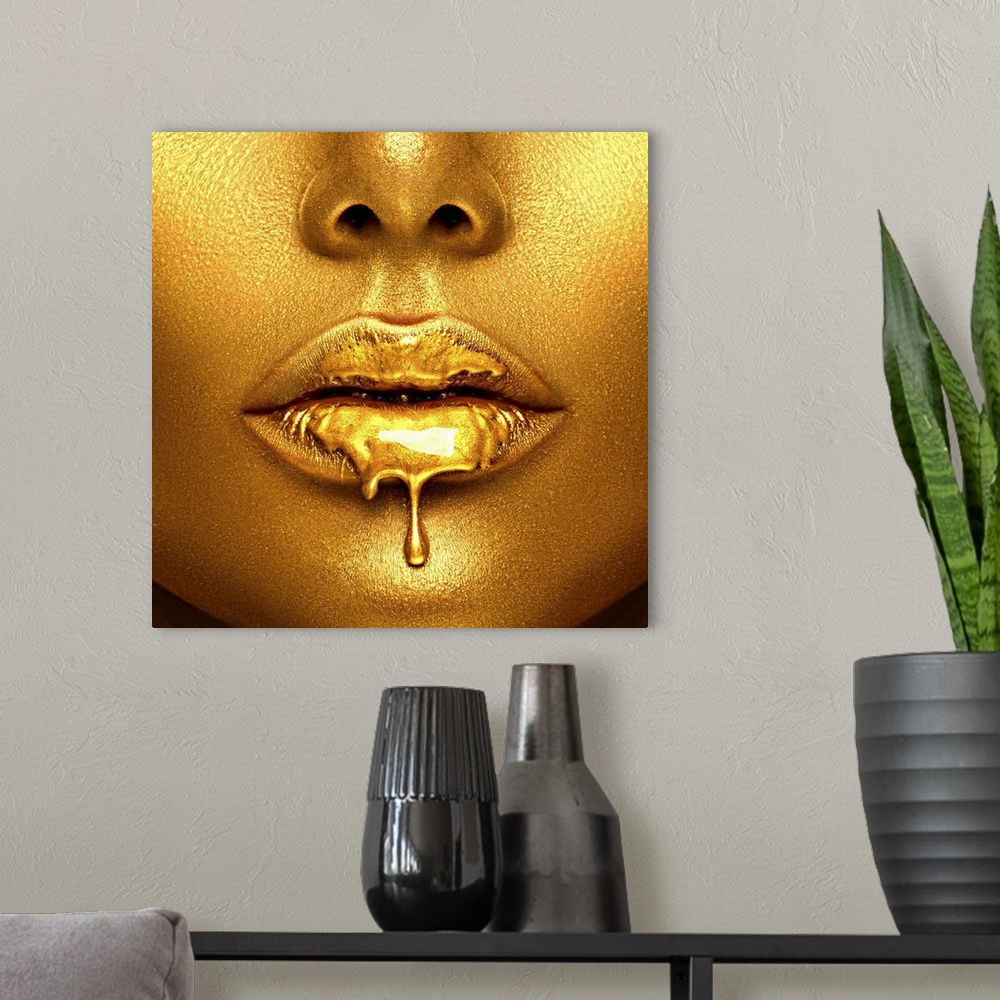 A modern room featuring Model With Gold Paint Dripping From Her Lips