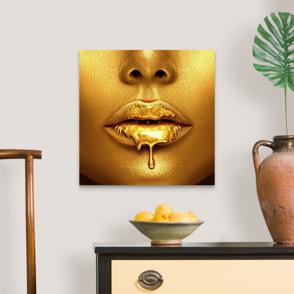 A traditional room featuring Model With Gold Paint Dripping From Her Lips