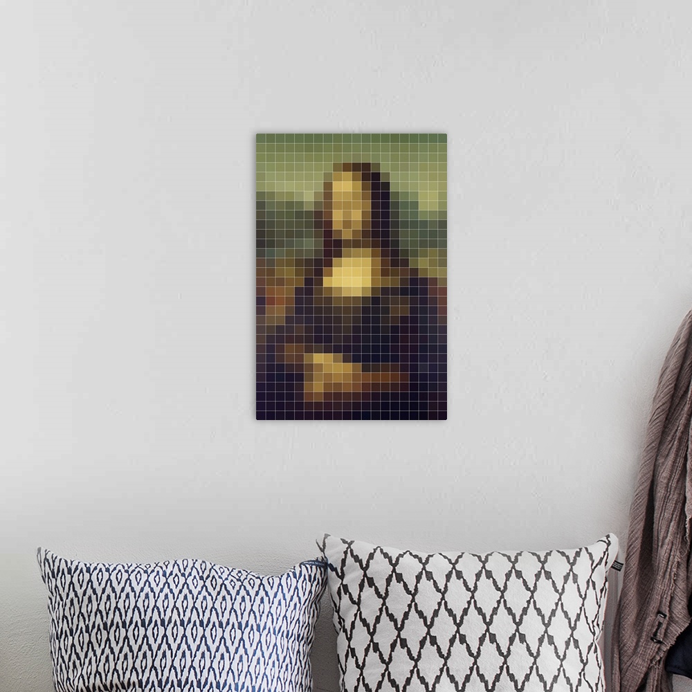 A bohemian room featuring Mona lisa in a pixel style abstract.