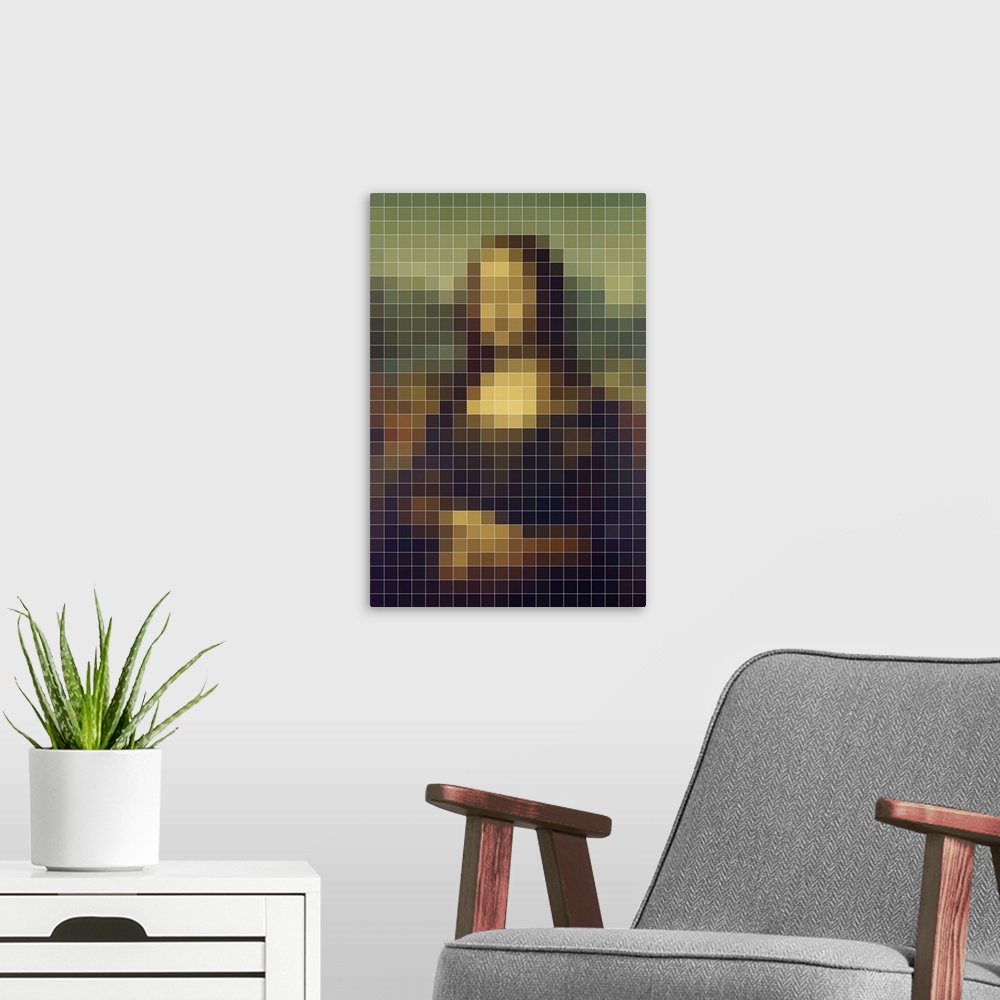 A modern room featuring Mona lisa in a pixel style abstract.
