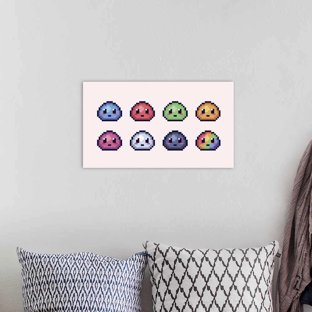 A bohemian room featuring Set of cute colorful blobs with eyes. Kawaii ooze 8 bit sprite.
