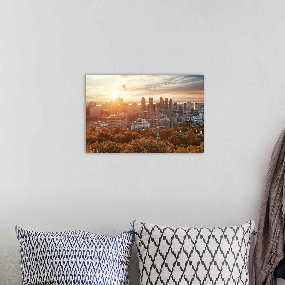 A bohemian room featuring Montreal City Skyline At Sunrise In Canada
