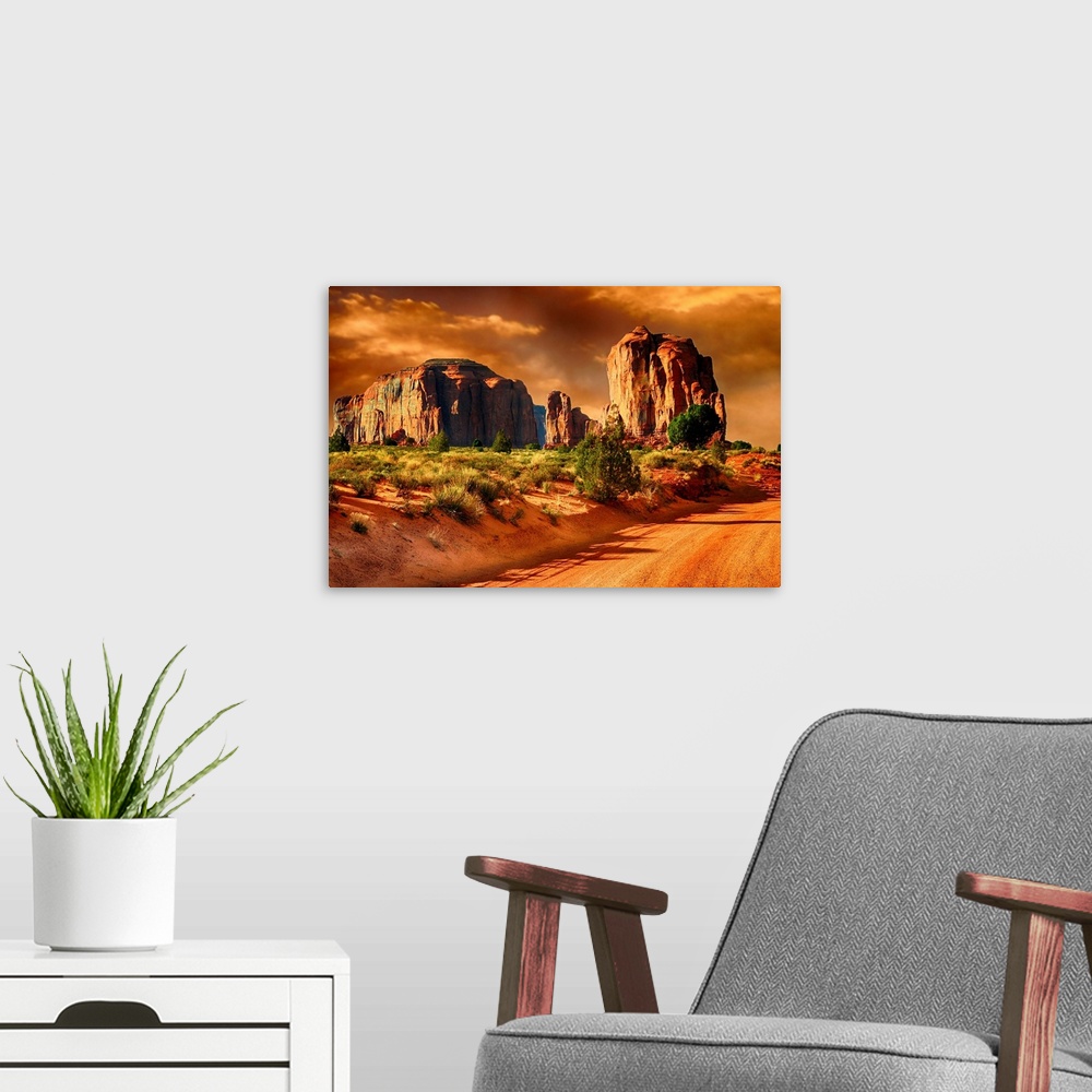 A modern room featuring Monument Valley