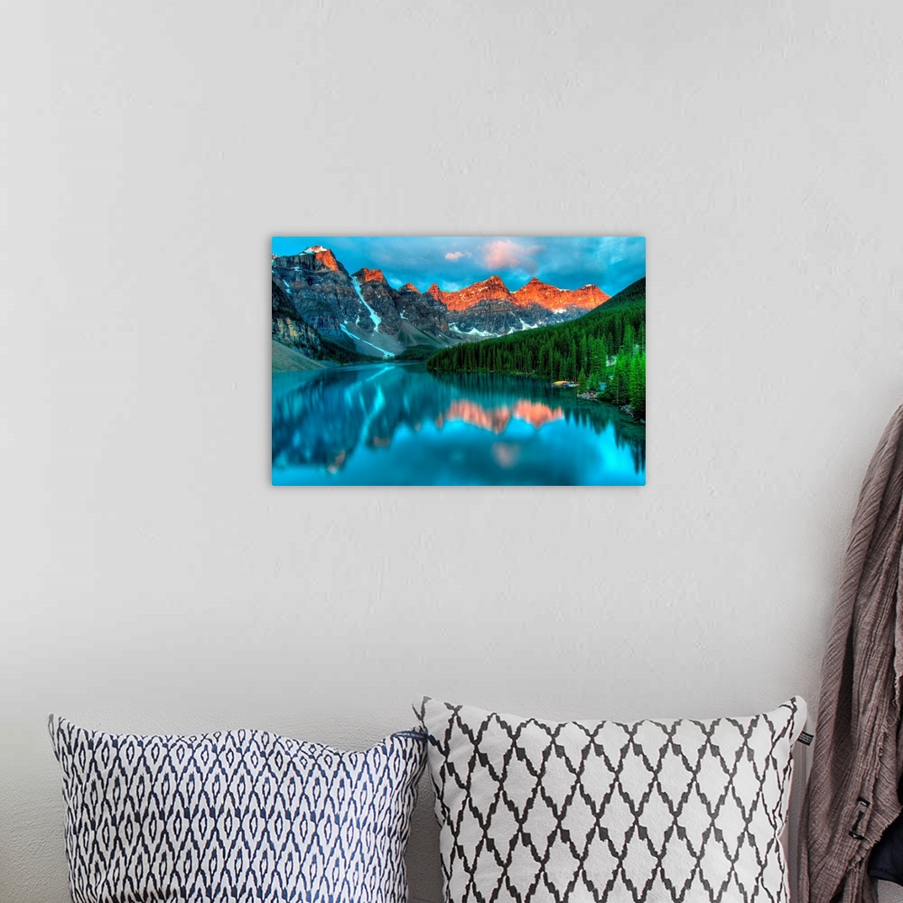 A bohemian room featuring Moraine Lake Sunrise Colorful Landscape