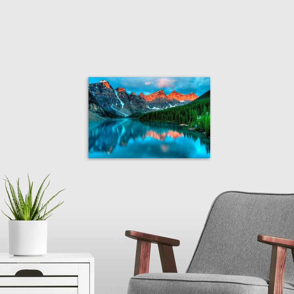 A modern room featuring Moraine Lake Sunrise Colorful Landscape
