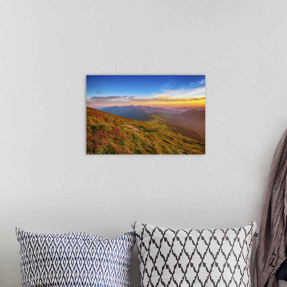A bohemian room featuring Mountain Landscape With Colorful Vivid Sunrise On The Blue Sky