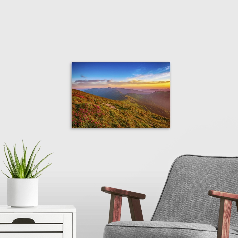 A modern room featuring Mountain Landscape With Colorful Vivid Sunrise On The Blue Sky