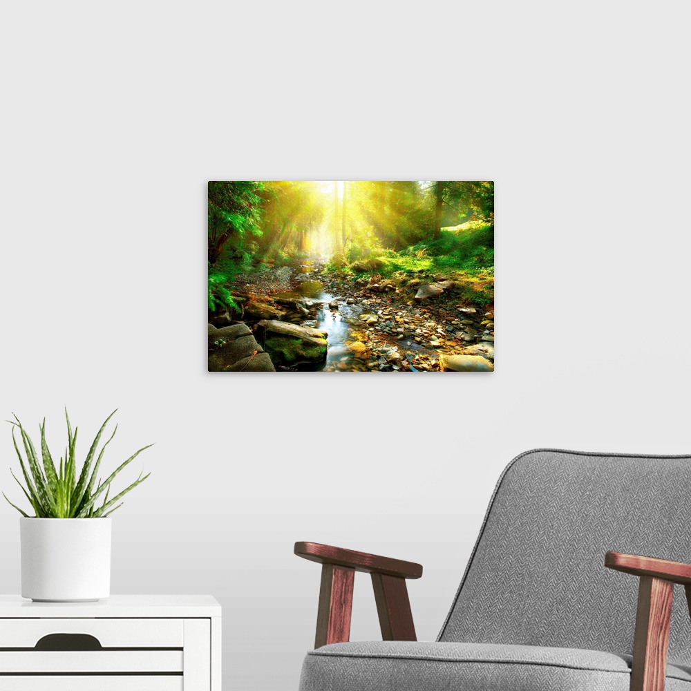 A modern room featuring Mountain River with, forest landscape. Tranquil waterfall scenery in the middle of green forest .