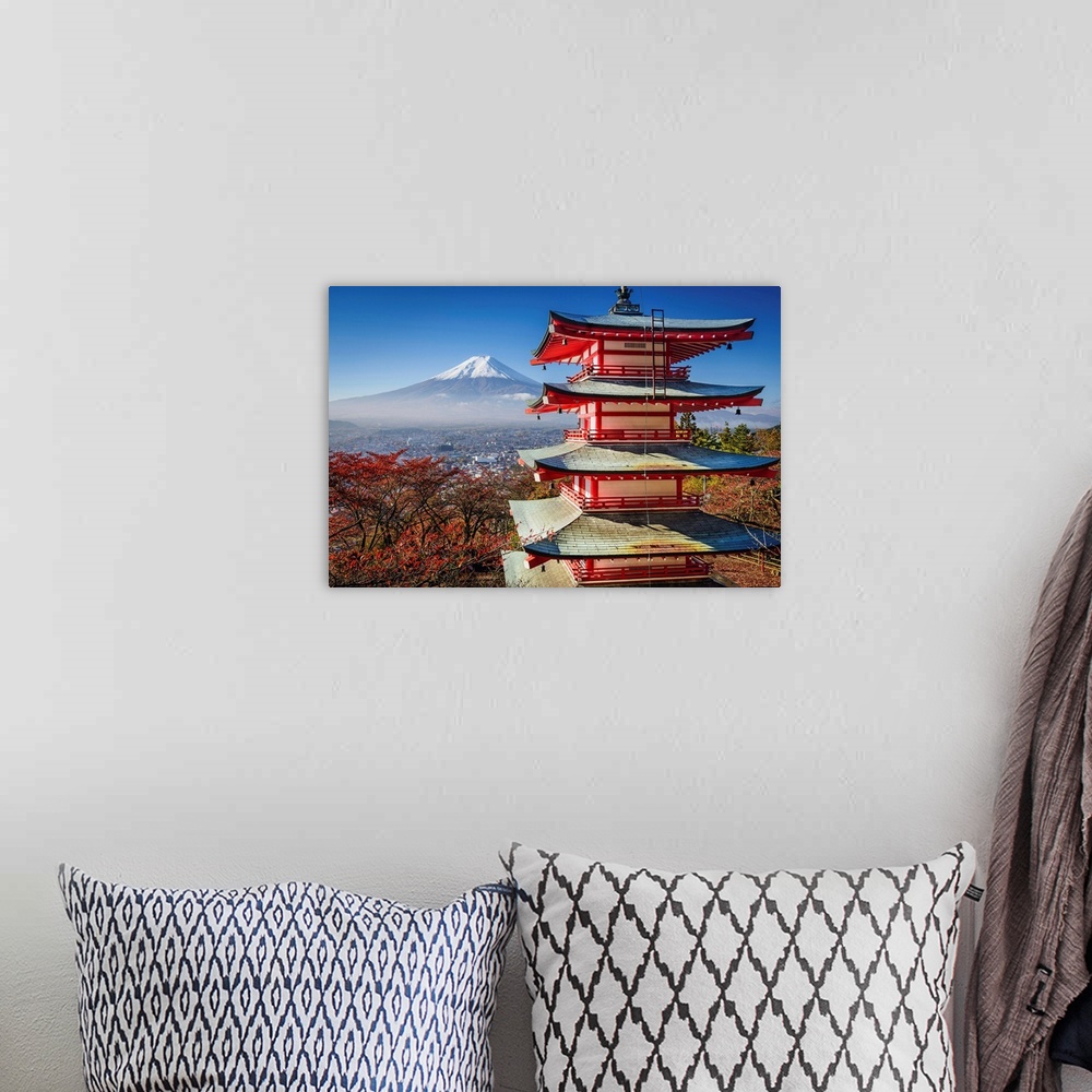 A bohemian room featuring Mt. Fuji and Pagoda during the fall in Japan.