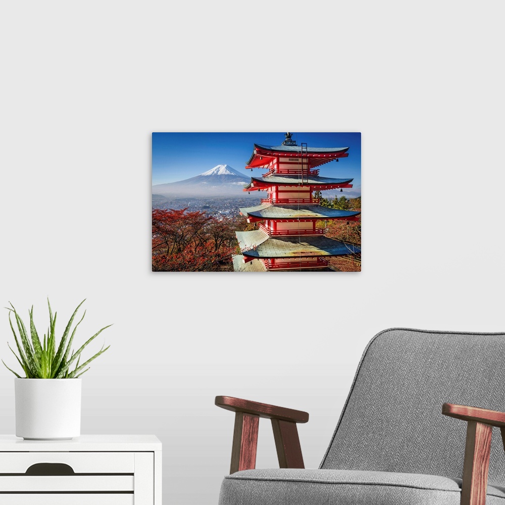 A modern room featuring Mt. Fuji and Pagoda during the fall in Japan.