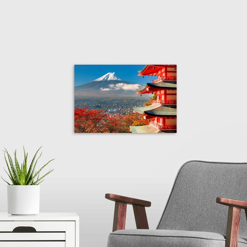 A modern room featuring Mt. Fuji viewed from behind Chureito Pagoda.