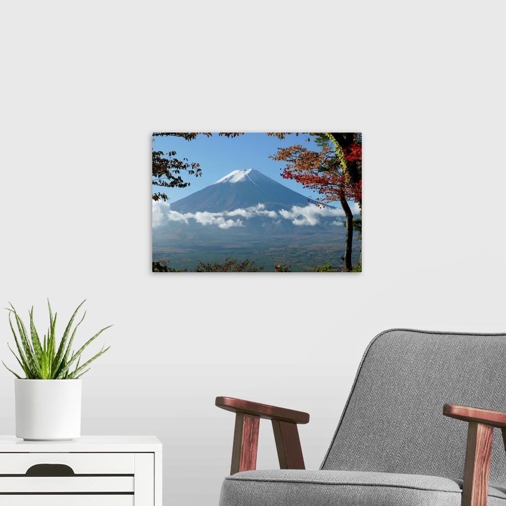 A modern room featuring Mt. Fuji with fall colors in Japan.