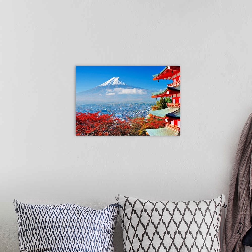 A bohemian room featuring Mt. Fuji with fall colors in japan.