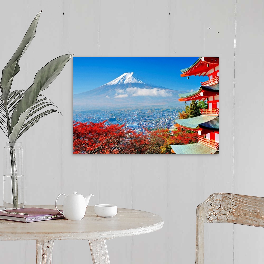 A farmhouse room featuring Mt. Fuji with fall colors in japan.