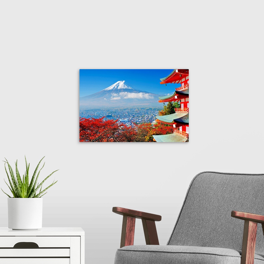 A modern room featuring Mt. Fuji with fall colors in japan.