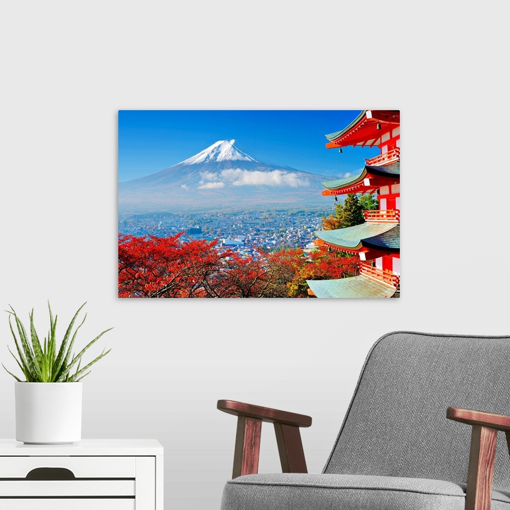 A modern room featuring Mt. Fuji with fall colors in japan.