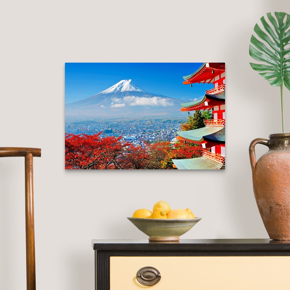 A traditional room featuring Mt. Fuji with fall colors in japan.