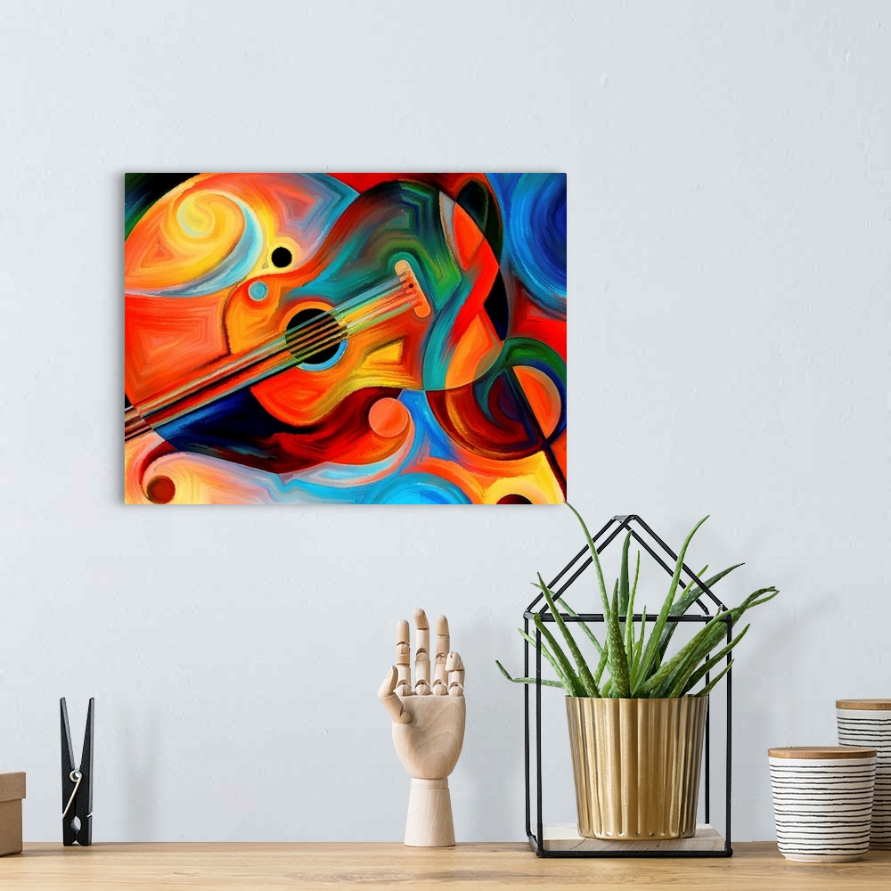 A bohemian room featuring Abstract painting on the subject of music and rhythm.