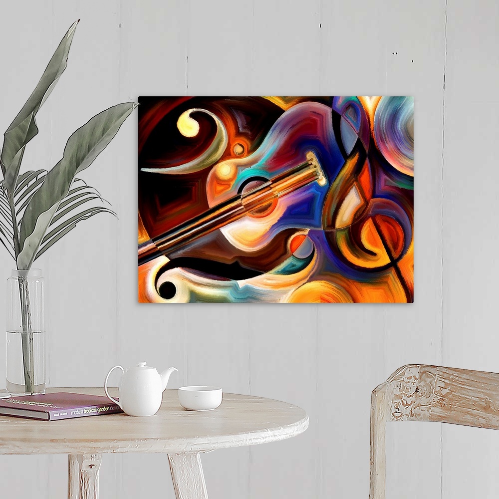 A farmhouse room featuring Abstract painting on the subject of music and rhythm.