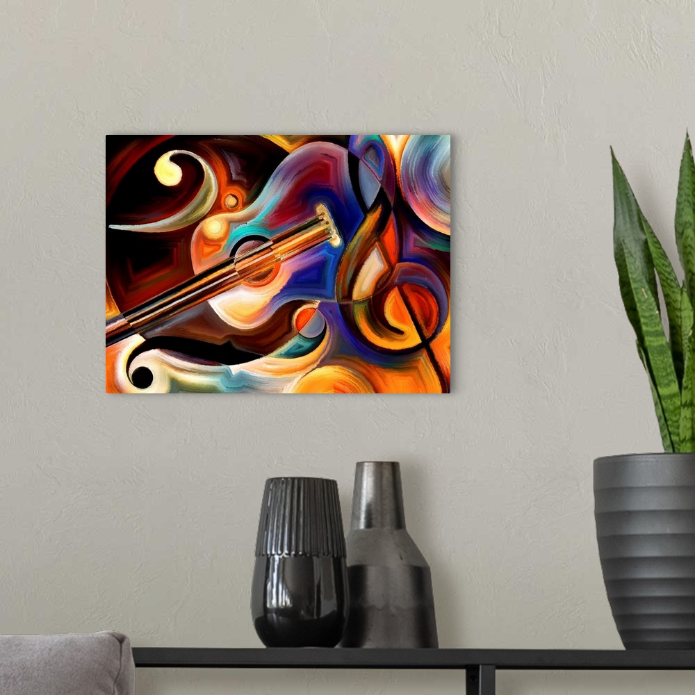 A modern room featuring Abstract painting on the subject of music and rhythm.