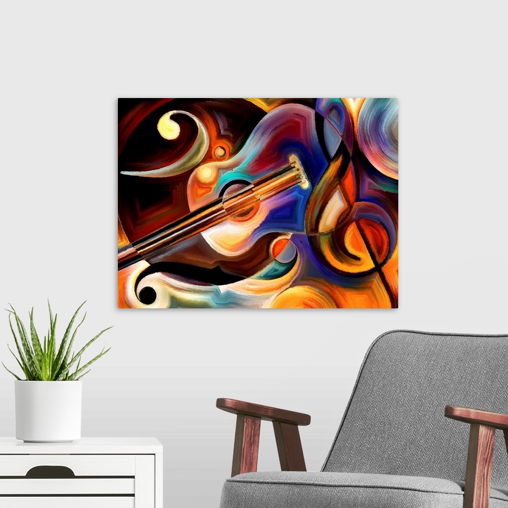 A modern room featuring Abstract painting on the subject of music and rhythm.