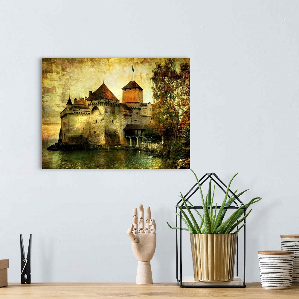 A bohemian room featuring mysterious castle on the lake - artwork in painting style