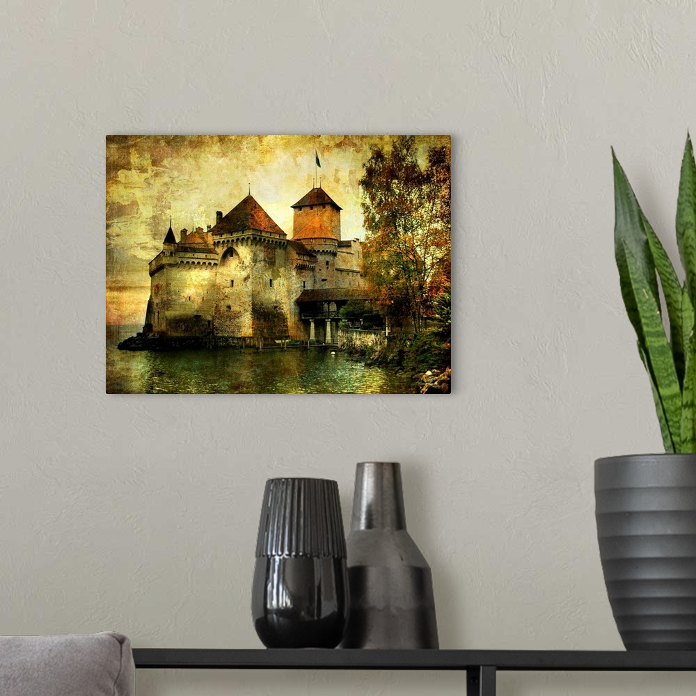 A modern room featuring mysterious castle on the lake - artwork in painting style