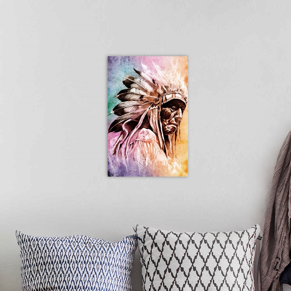A bohemian room featuring Sketch of tattoo art, indian head over colorful background