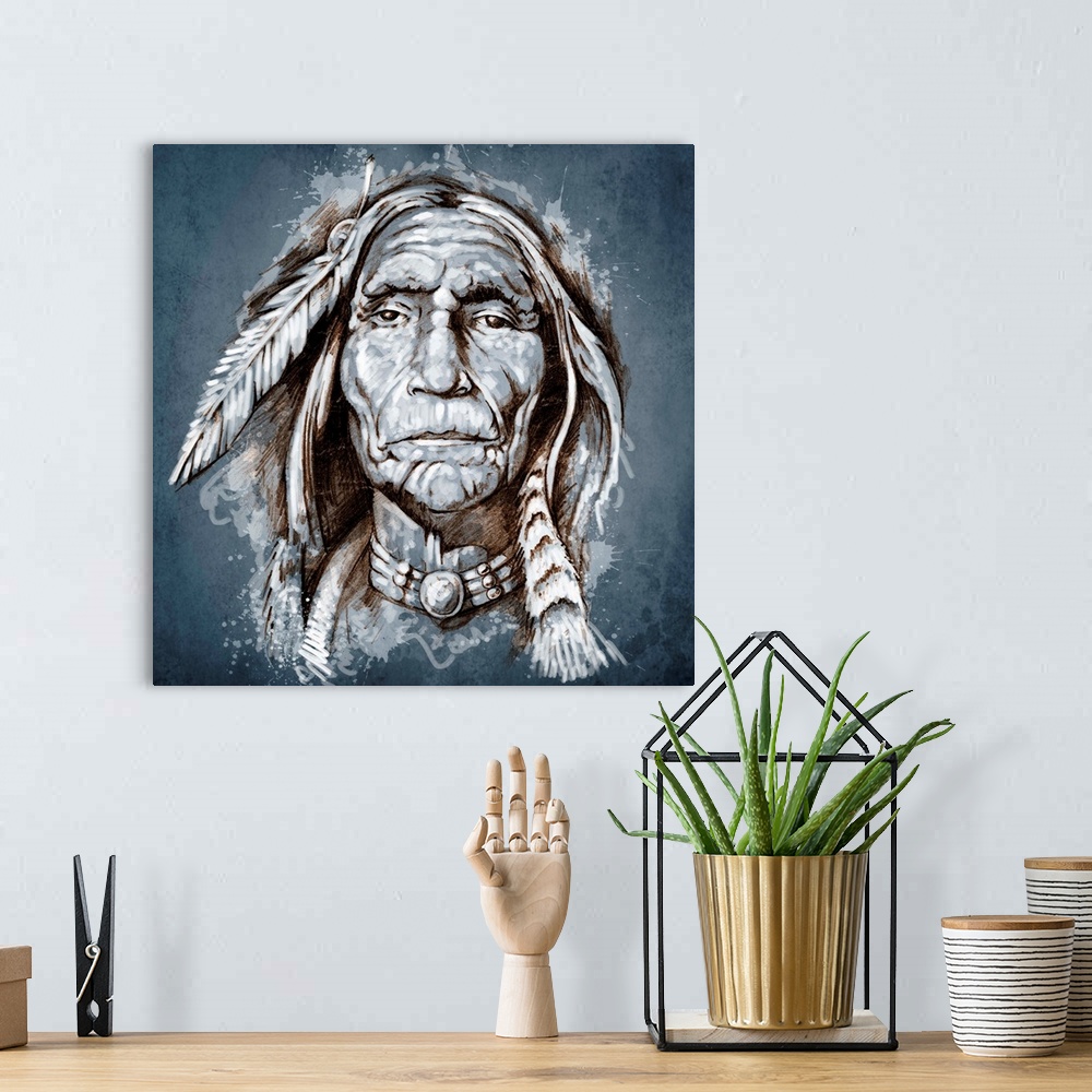 A bohemian room featuring Sketch of tattoo art, portrait of american indian head